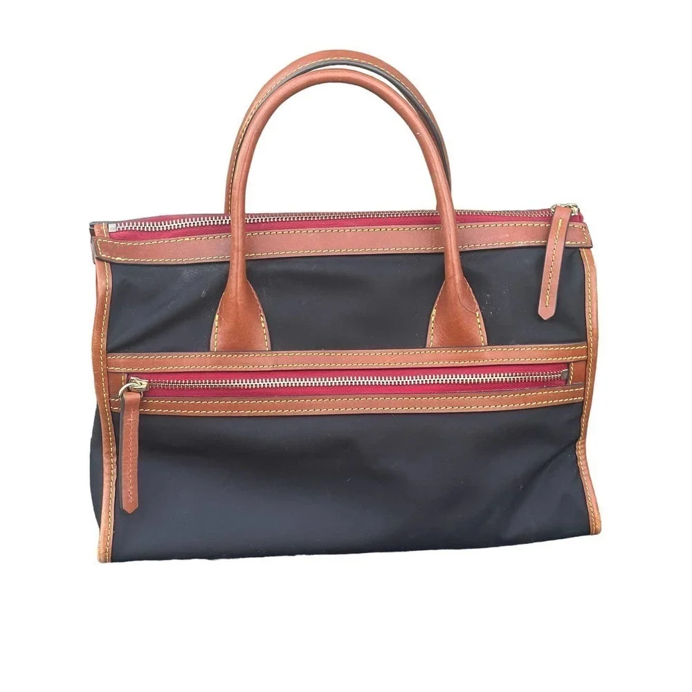 Dooney & Bourke Camden Saffiano Black Nylon Satchel w Brown Leather Trim